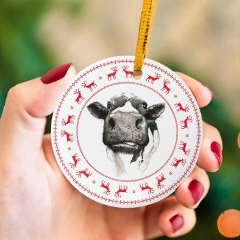 Merry Christmas Cow Reindeer Ceramic Ornament