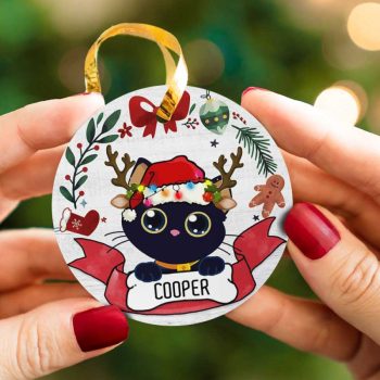 Personalized Black Cat Santa's Reindeer Cat Lover Ceramic Ornament