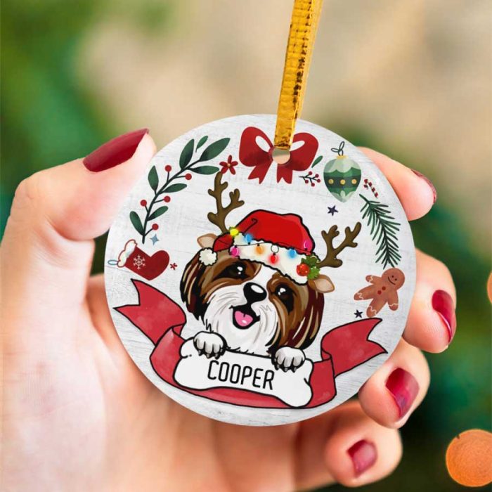 Personalized Shih Tzu Santa's Reindeer Cat Lover Ceramic Ornament