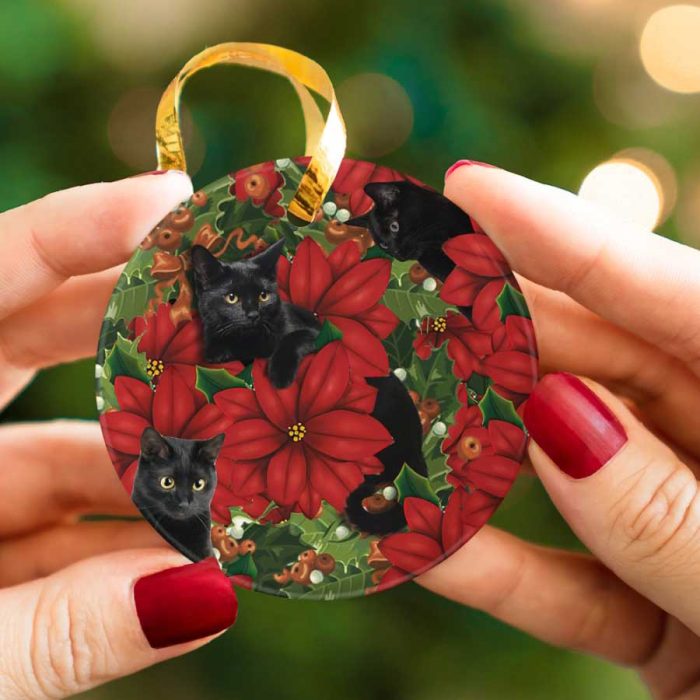 Pet Christmas Black Cat Hiding Flowers Ceramic Ornament