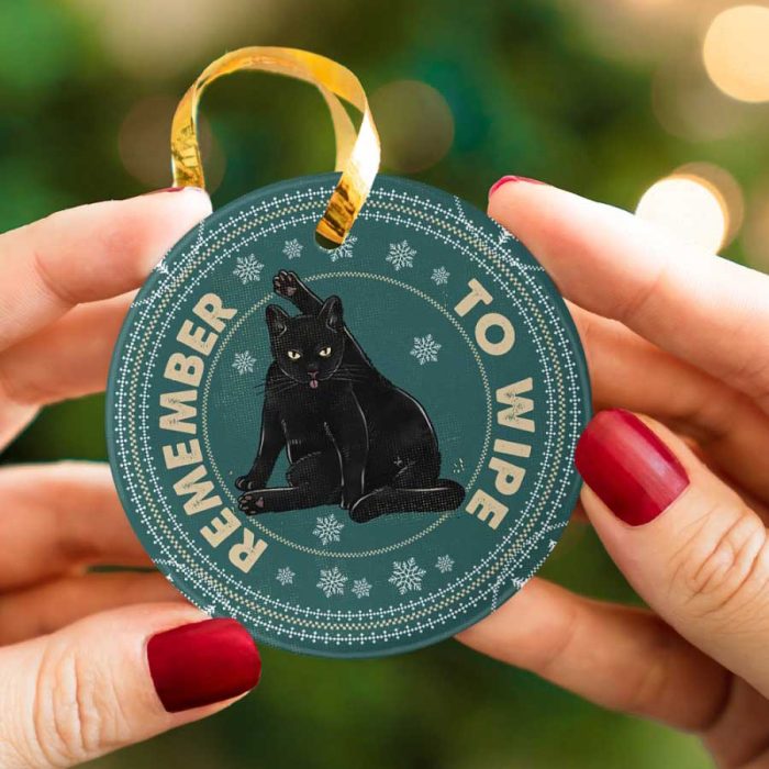 Remember To Wipe Funny Black Cat Christmas Ceramic Ornament