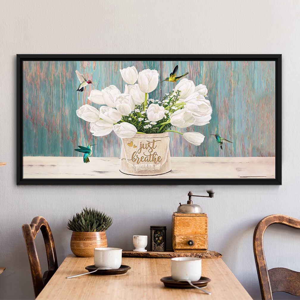 Black-Framed-Canvas-Just-Breathe-Hummingbird-And-Tulips-Canvas-Prints-Wall-Art-Decor Black Framed Canvas Just Breathe Hummingbird And Tulips Canvas Prints Wall Art Decor