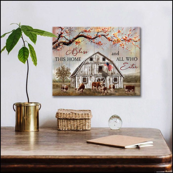 Bless This Home Hereford Cattle And Barn Canvas Prints Wall Art Decor