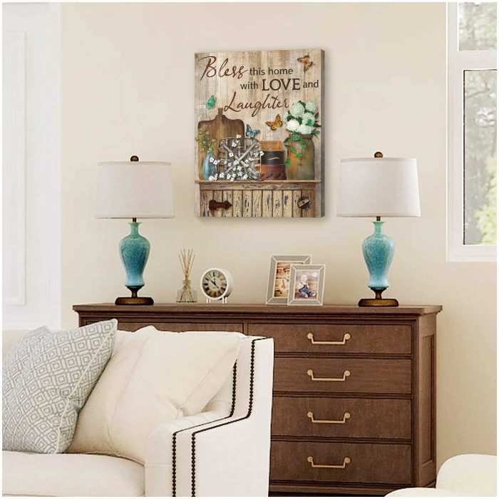 Bless This Home With Love And Laughter Farmhouse Butterflies Canvas Prints Wall Art Decor