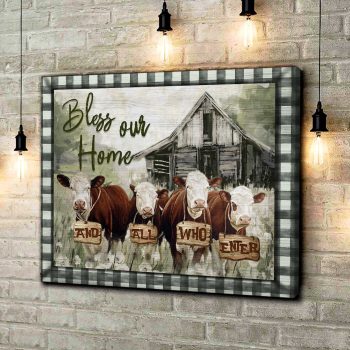 Hereford Cows Bless Our Home Canvas Wall Art Farmhouse Decor