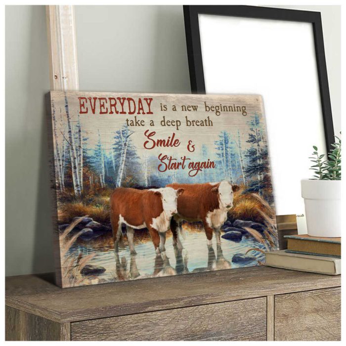 Hereford Cows Everyday Is A New Beginning Canvas Wall Art Farmhouse Decor
