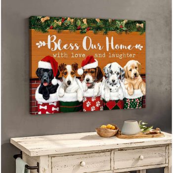 Christmas Dogs Canvas Bless Our Home With Love And Laughter Wall Art Decor