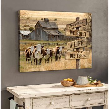 Farm And Hereford Cow Canvas Together Wall Art Decor