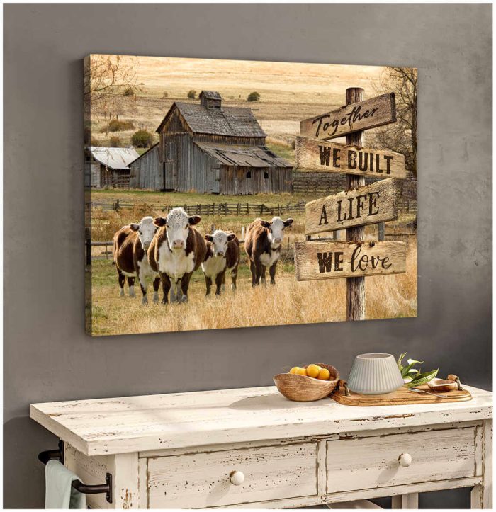 Farm And Hereford Cow Canvas Together Wall Art Decor