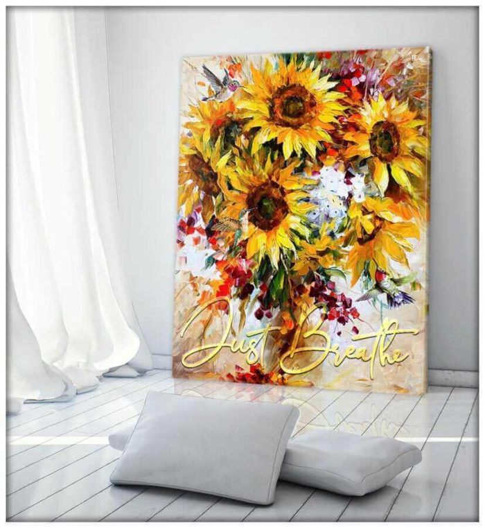 Sunflower And Hummingbird Canvas Just Breathe Wall Art Decor