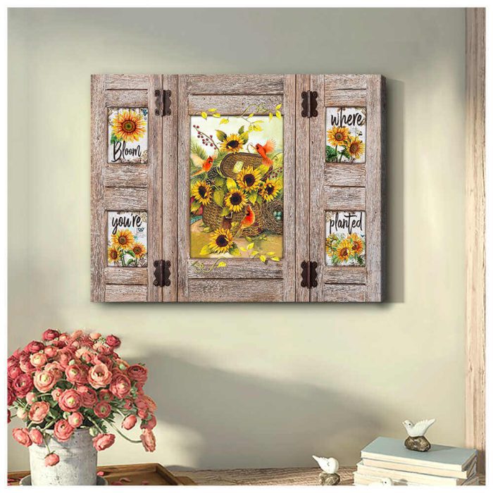 Sunflowers And Cardinal Window Canvas Bloom Where You'Re Planted Wall Art Decor