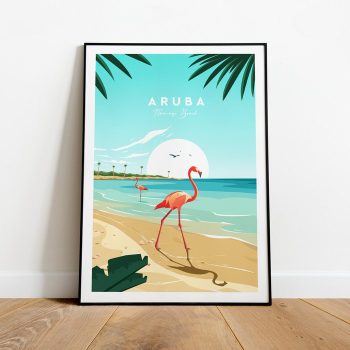 Aruba Traditional Travel Canvas Poster Print - Flamingo Beach