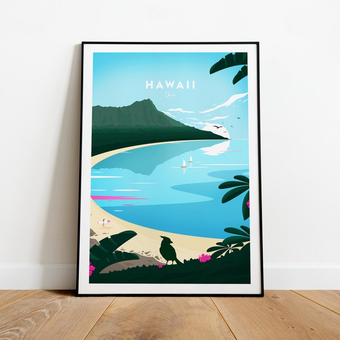 Hawaii Traditional Travel Canvas Poster Print - Oahu Hawaii Poster Oahu Print Honolulu Print Birthday Poster