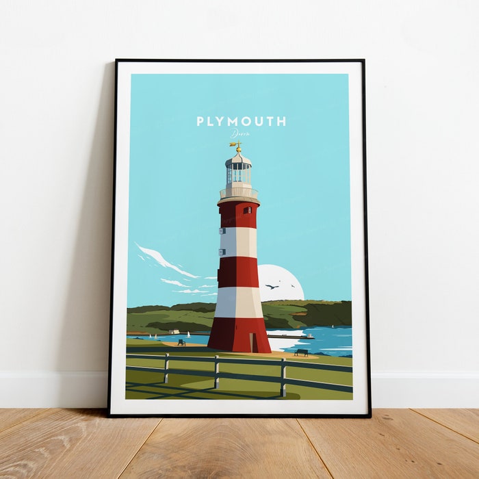 Plymouth Traditional Travel Canvas Poster Print - Devon