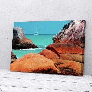Sailboat Rocks Blue Water Beach Canvas Poster Prints Wall Art Decor