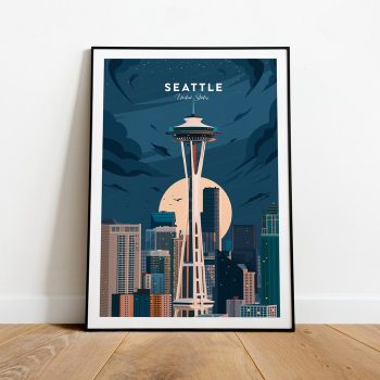 Seattle Evening Traditional Travel Canvas Poster Print - United States