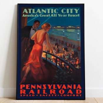 Atlantic City Vintage Print Framed Wall Art Hanger Framed Print Art Canvas for Wall Decor Wall Art Decor Poster Vintage