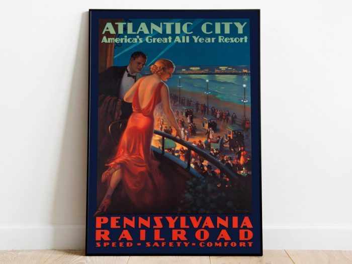 Atlantic City Vintage Print Framed Wall Art Hanger Framed Print Art Canvas for Wall Decor Wall Art Decor Poster Vintage