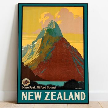 Milford Sound Poster Vintage Framed Art Mitre Peak Vintage Travel Poster Canvas Print Wall Art Wall Prints Poster Art Wall Art Decor
