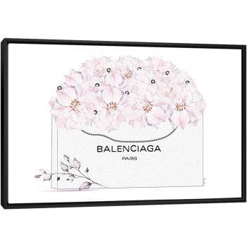 Balenciaga White Shopping Bag With Pastel Florals - Black Framed Canvas