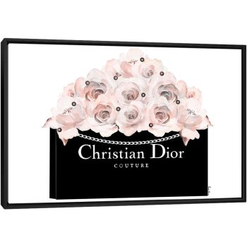 Black Dior Shopping Bag With Soft Blush Roses & Pearls - Black Framed Canvas