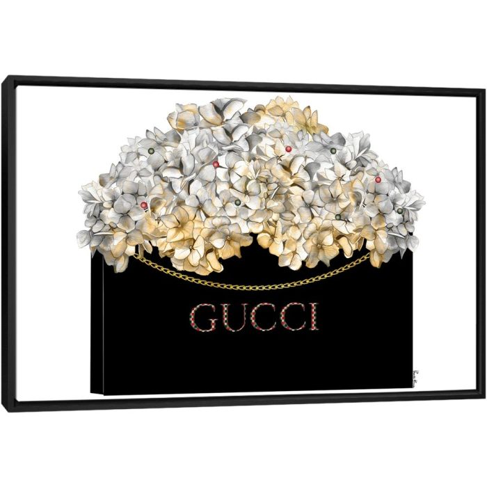 Gucci Black Shopping Bag With Hydrangeas - Black Framed Canvas