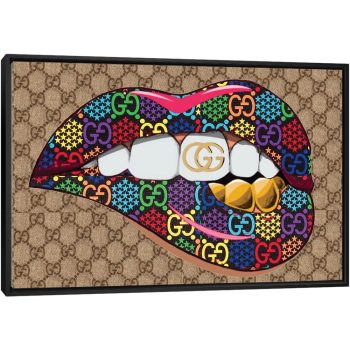 Gucci Logo Lips Pattern With Gold Teeth - Black Framed Canvas