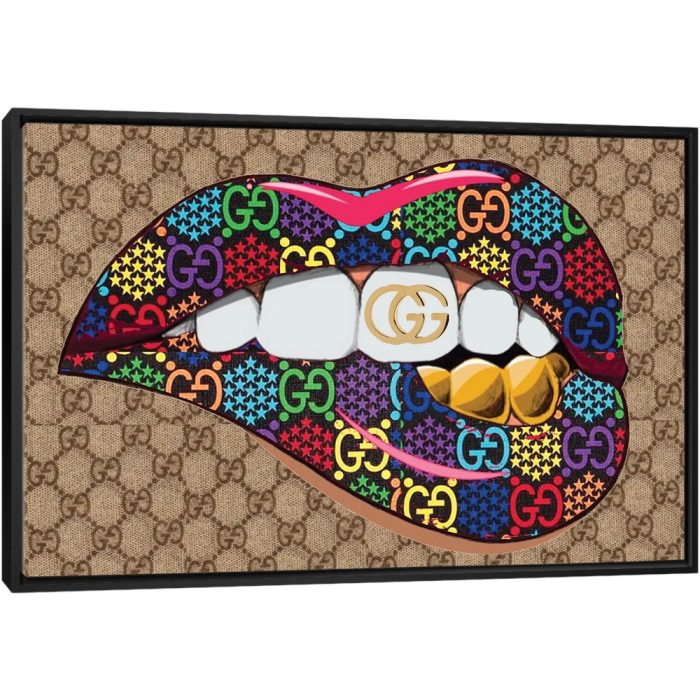Gucci Logo Lips Pattern With Gold Teeth - Black Framed Canvas