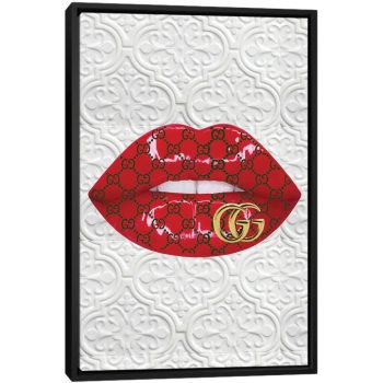 Gucci Logo Red Lips Pattern - Black Framed Canvas