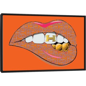 Hermes Orange Logo Lips Pattern - Black Framed Canvas