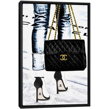Lady With The Chanel Bag And Black High Heels - Black Framed Canvas, Stretched Wrapped Canvas Print, Wall Art Decor