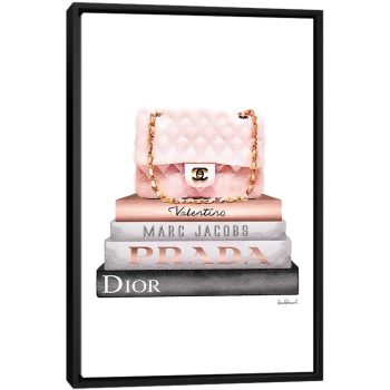 Stack Of Grey And Rose Gold Fashion Books And A Pink Chanel Bag - Black Framed Canvas, Stretched Wrapped Canvas Print, Wall Art Decor