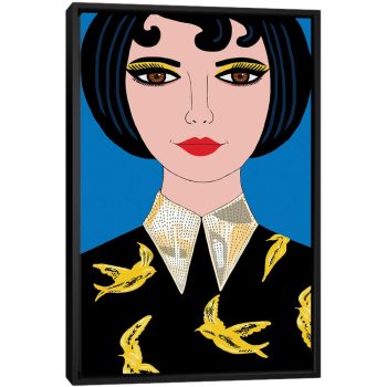 Woman In Prada Yellow Bird Dress - Black Framed Canvas, Stretched Wrapped Canvas Print, Wall Art Decor