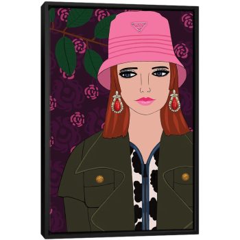 Woman With Pink Prada Hat - Black Framed Canvas