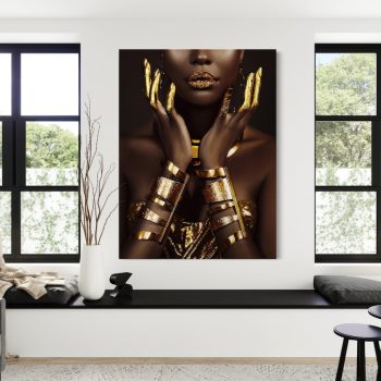 African Women Lips Gold Drip Canvas Black And Gold Art Contemporary Modern Luxury House Warming Gifts