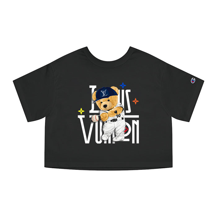 Louis Vuitton Logo Luxury Teddy Bear Baseball Champion Women Cropped T-Shirt NTB2149