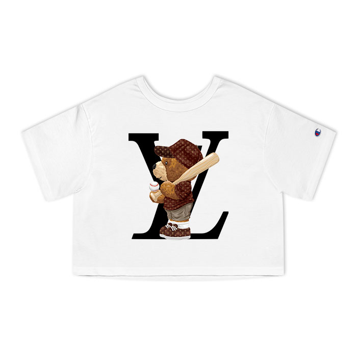 Louis Vuitton Logo Luxury Teddy Bear Baseball Champion Women Cropped T-Shirt NTB2151