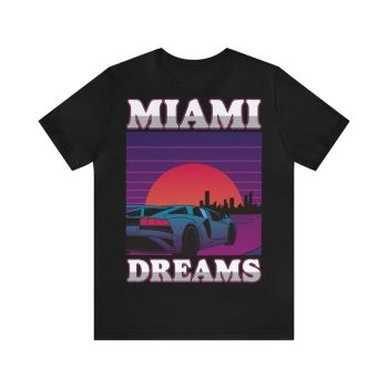 Miami Dreams Retro Synthwave Lamborghini Sports Car Retrowave Vaporwave Sunset Cotton Tee Unisex T-Shirt FTS072