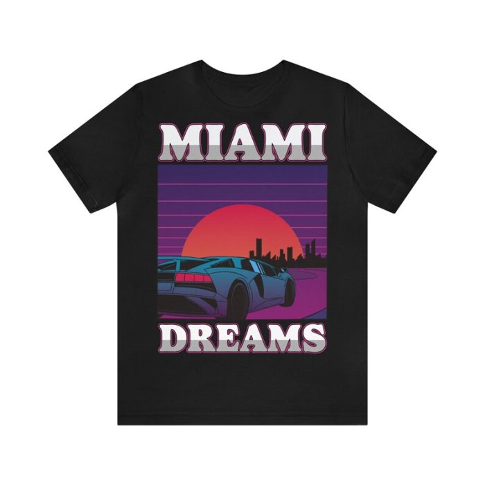 Miami Dreams Retro Synthwave Lamborghini Sports Car Retrowave Vaporwave Sunset Cotton Tee Unisex T-Shirt FTS072