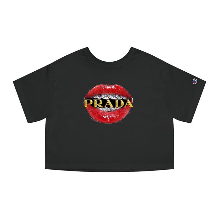 Prada Gold Logo Luxury Sexy Lips Champion Women Cropped T-Shirt CTB2586