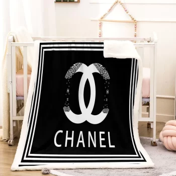 Chanel White Logo Black Luxury Brand Premium Fleece Sherpa Blanket Sofa Decor BL3017