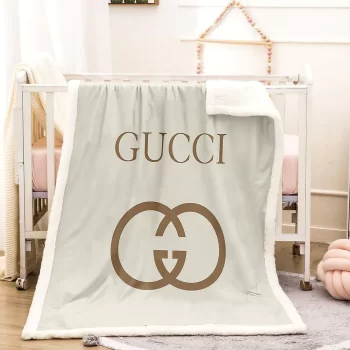 Gucci Brown Logo Light Gray Luxury Brand Premium Fleece Sherpa Blanket Sofa Decor BL3029