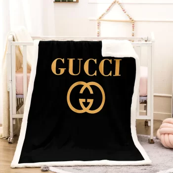 Gucci Golden Logo Black Luxury Brand Premium Fleece Sherpa Blanket Sofa Decor BL3030