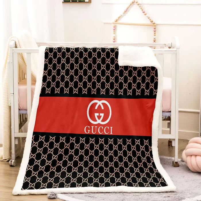 Gucci White Logo Red Black Luxury Brand Premium Fleece Sherpa Blanket Sofa Decor BL3032