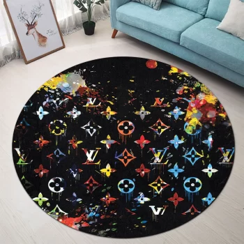 Louis Vuitton Colorful Black Luxury Brand Fashion Round Rug Carpet Floor Decor RR1022