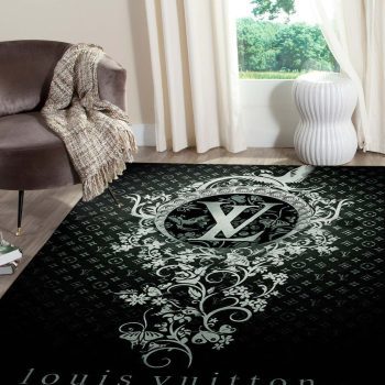 Louis Vuitton Dark Flowers Logo Luxury Area Rug Carpet Floor Decor RR2748