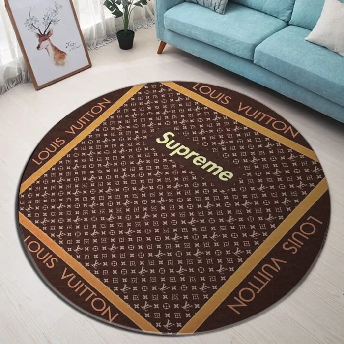 Louis Vuitton Supreme Brown Luxury Brand Fashion Round Rug Carpet Floor Decor RR1007