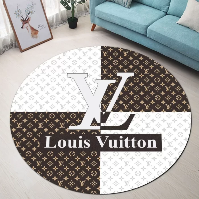 Louis Vuitton White Brown Luxury Brand Fashion Round Rug Carpet Floor Decor RR1035