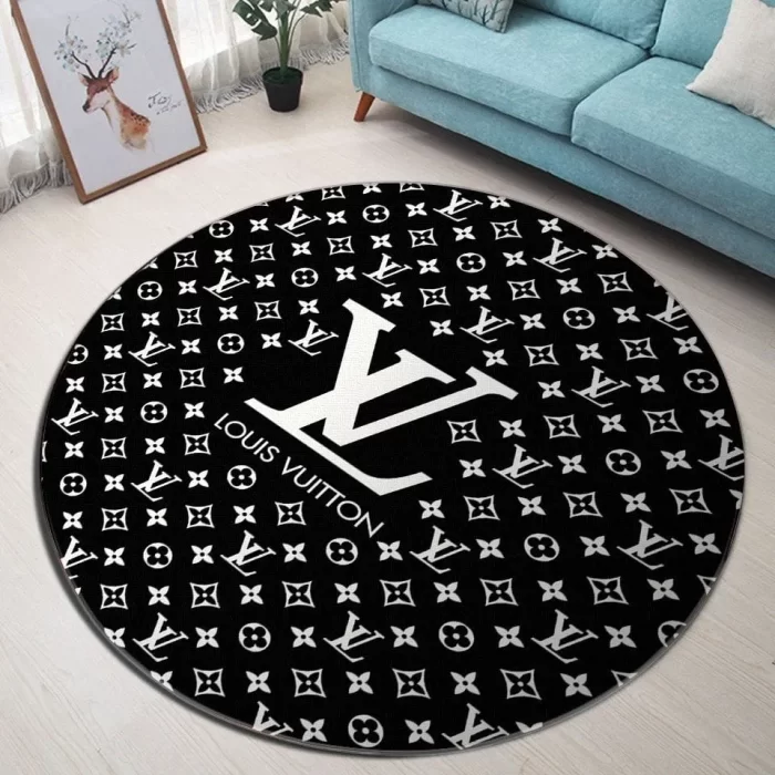 Louis Vuitton White Logo Black Luxury Brand Fashion Round Rug Carpet Floor Decor RR1040