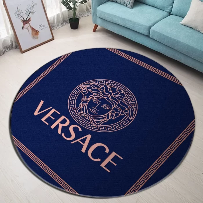 Versace Blue Luxury Brand Fashion Round Rug Carpet Floor Decor RR1008